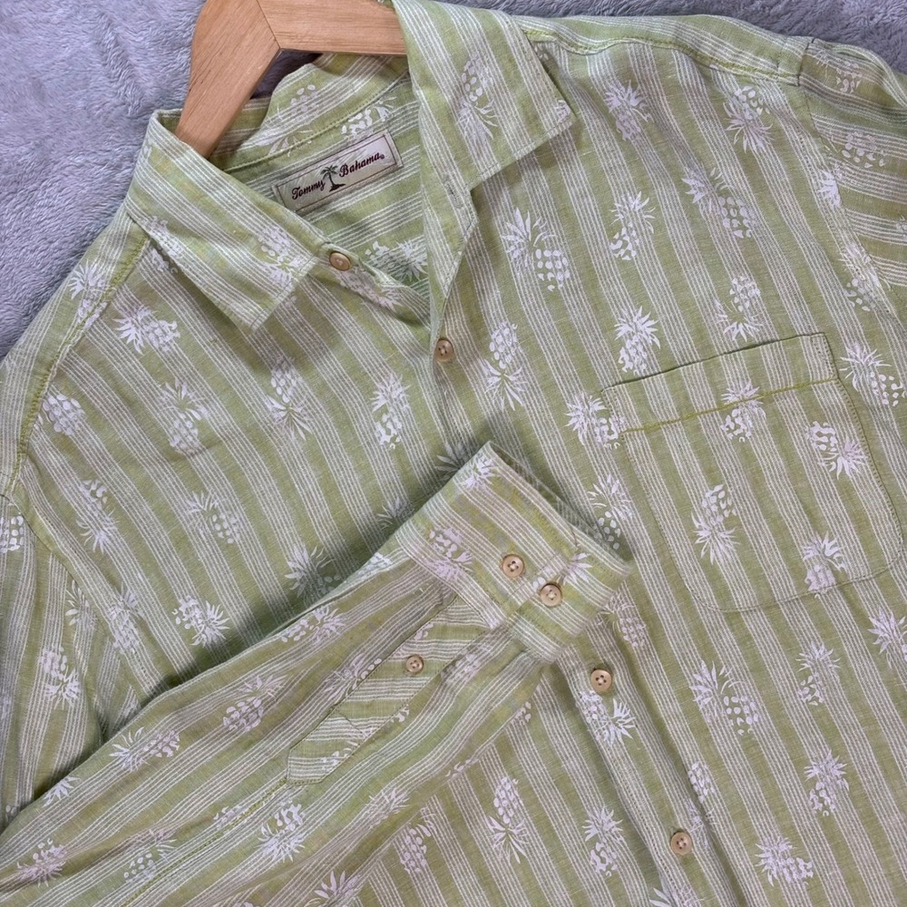 Tommy Bahama Men's Linen Shirt Green Pineapple Print Button Front‎ Stripped Sz M